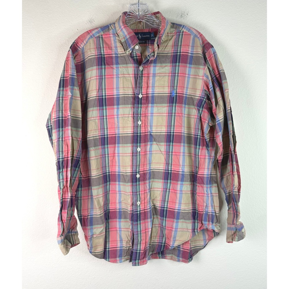 Ralph Lauren Button Down Mens Large Classic Fit Plaid Pink Tan Long Sleeve Shirt